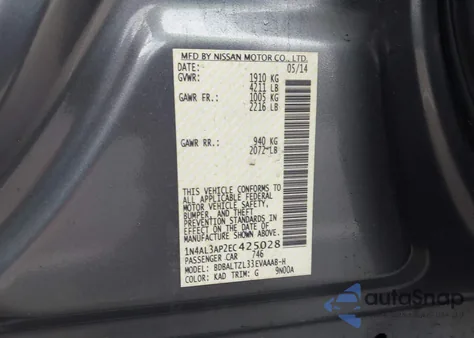 2014 Nissan Altima 2.5 Sv z USA, uszkodzony, nr VIN 1N4AL3AP2EC425028